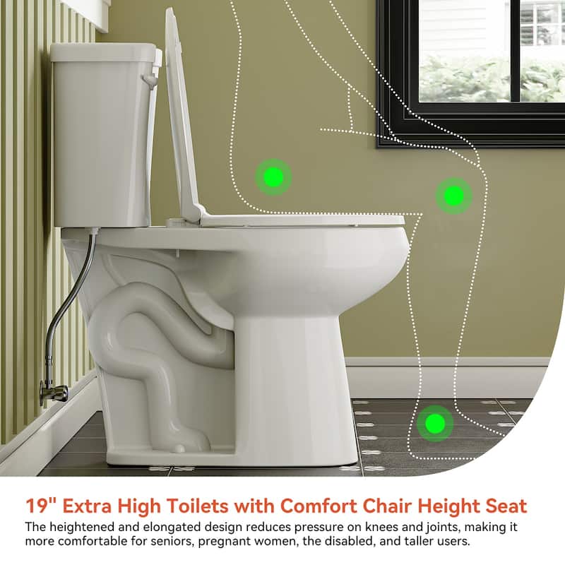 HOROW 19 Inch ADA Tall 2 Piece Dual Flush Elongated Toilet White 1.1 /1.6 GPF Strong Flush Soft Close Seat - 19 Inch