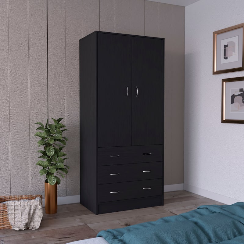 19" Modern Double-door Armoire with 3 Drawers and 1 Hanging Rod for Bedroom