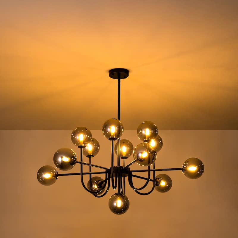 13-Light Modern Amber/ Smoke Grey Cluster Glass Globe Bubble Chandelier Tiered Sputnik Glass Magic Bean Molecule Ceiling Light