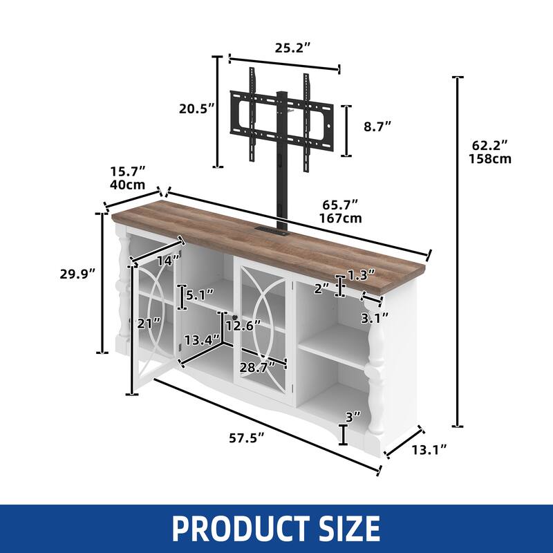 Moasis Farmhouse TV Stand with Mount for 32-70 Inch TVs, Entertainment Center with Power Outlets & Tempered Glass Doors