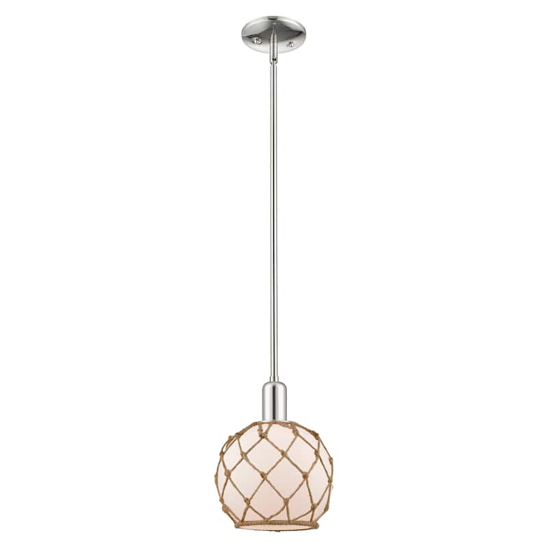 Innovations Lighting Endless Possibilities Arcadia - Farmhouse Rope - 1 Light 8" Stem Hung Mini Pendant - White Glass with Brown Rope/Polished Nickel