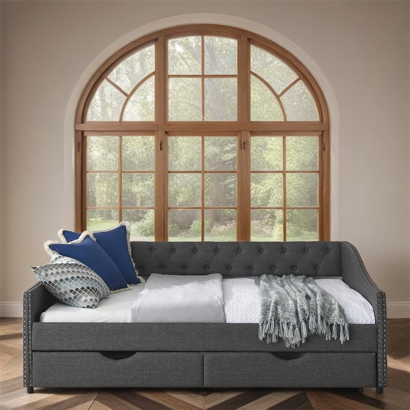 Full Size Upholstered Tufted Daybed with Drawers and Copper Nail