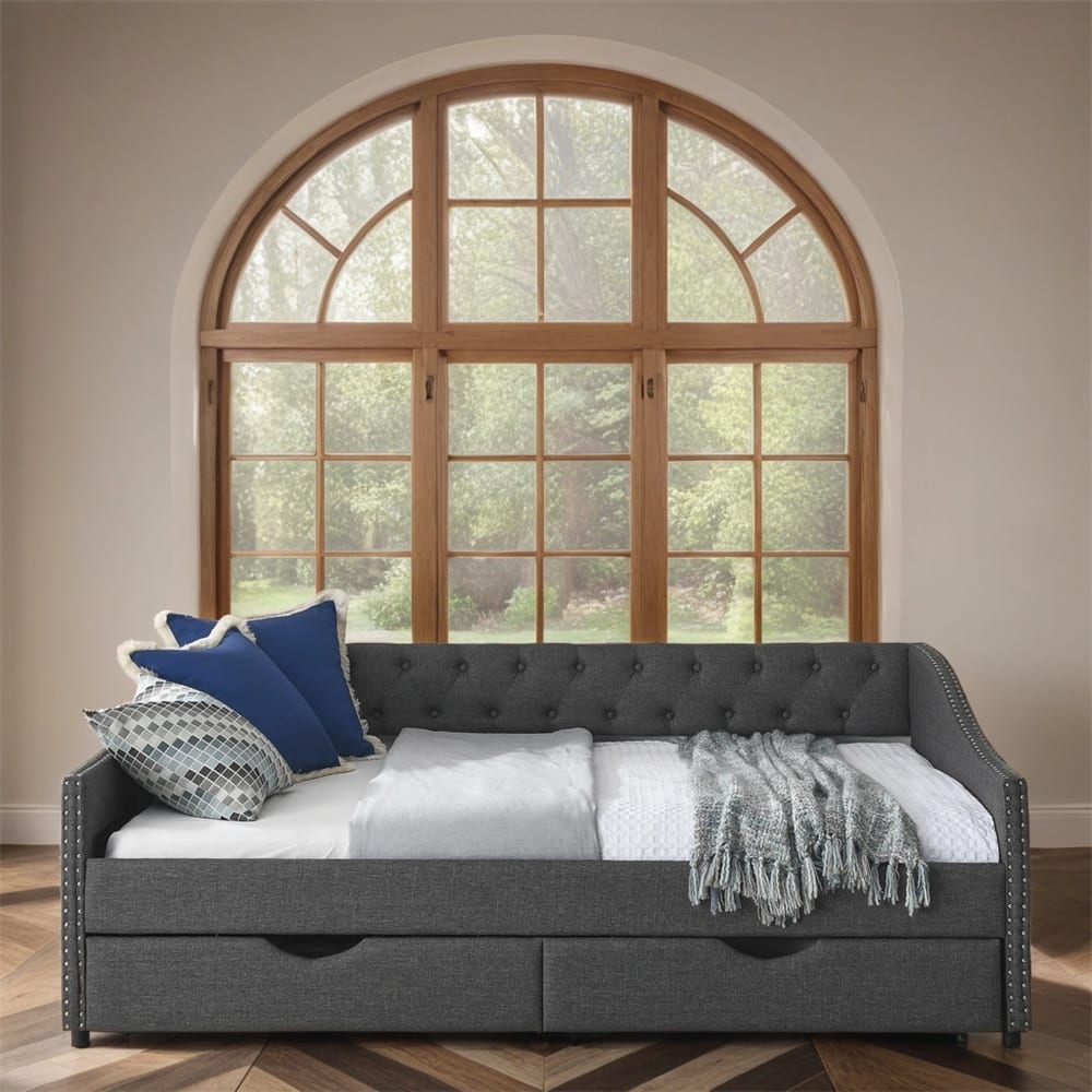 Full Size Upholstered Tufted Daybed with Drawers and Copper Nail