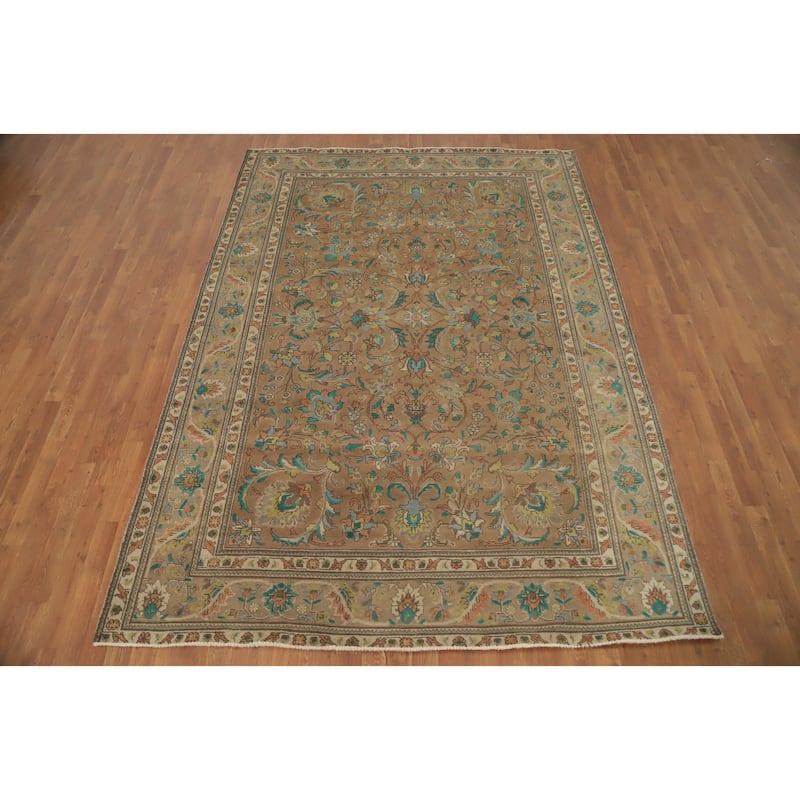 Hand Knotted Oriental 100% Wool Carpet Traditional Floral Brown Tabriz Area Rug - 9' 6'' X 6' 9''