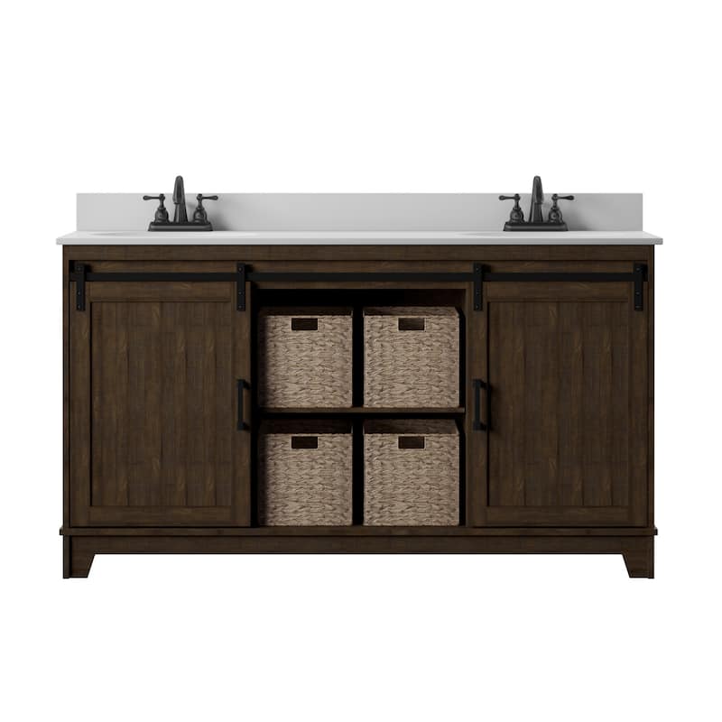 60" Sliding Barn Door Double Sink Bathroom Vanity with 4 Woven Baskets
