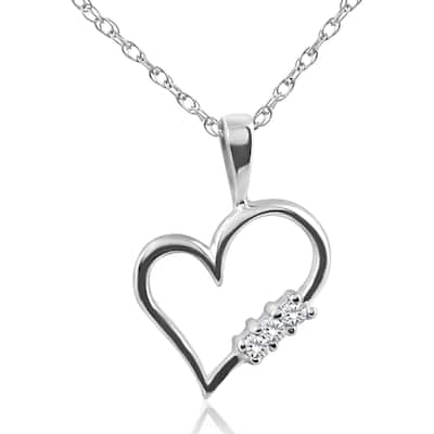 Diamond Heart Pendant 3-Stone 10K White, Yellow, or Rose Gold With 18" Chain - White