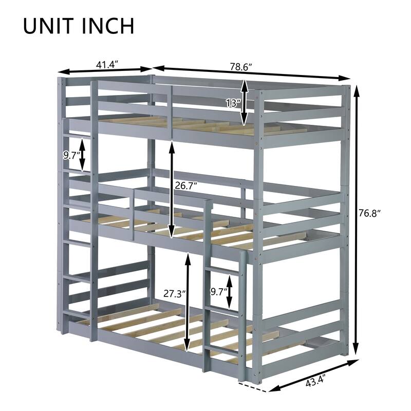 Triple Rubber Wood Bunk Bed with Two Built-in Ladders, Guardrails, Twin over Twin over Twin, Detachable Triple Twin Bunk Bed