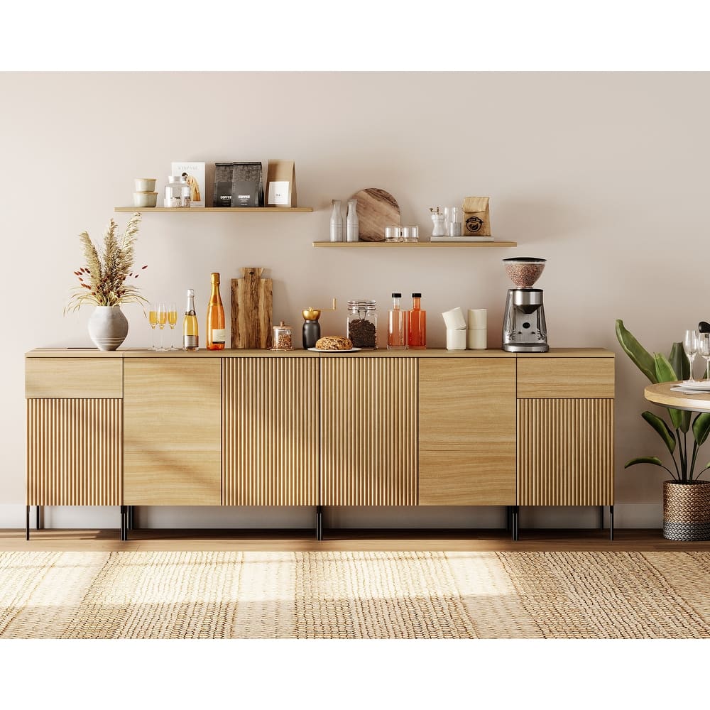 94.5" Modern Reeded 4-Door Sideboard With Charging, 4-In-1 Wooden Credenza Storage Cabinet