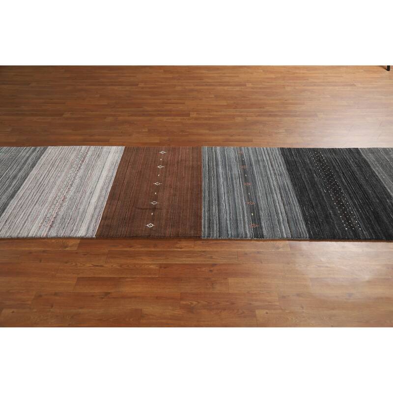 Striped Tribal Gabbeh Indian Runner Rug Hand-Knotted Wool Carpet - 3'0" x 10'2"