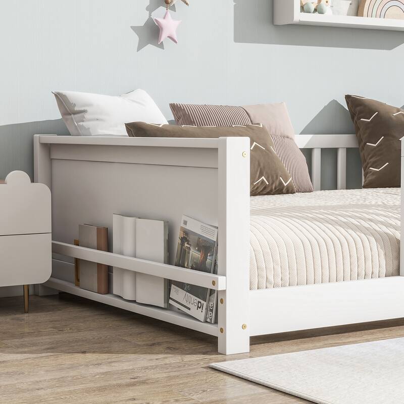 Twin size Floor Platform Bed with Built-in Book Rack