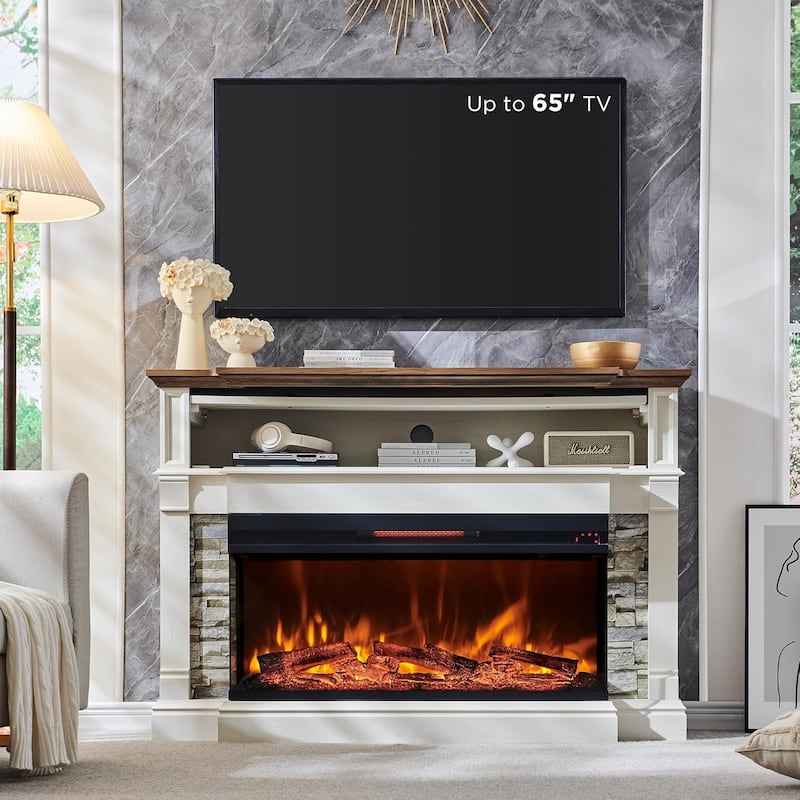 Farmhouse TV Stand With 3-Sided Glass Fireplace, Entertainment Center - Antique White