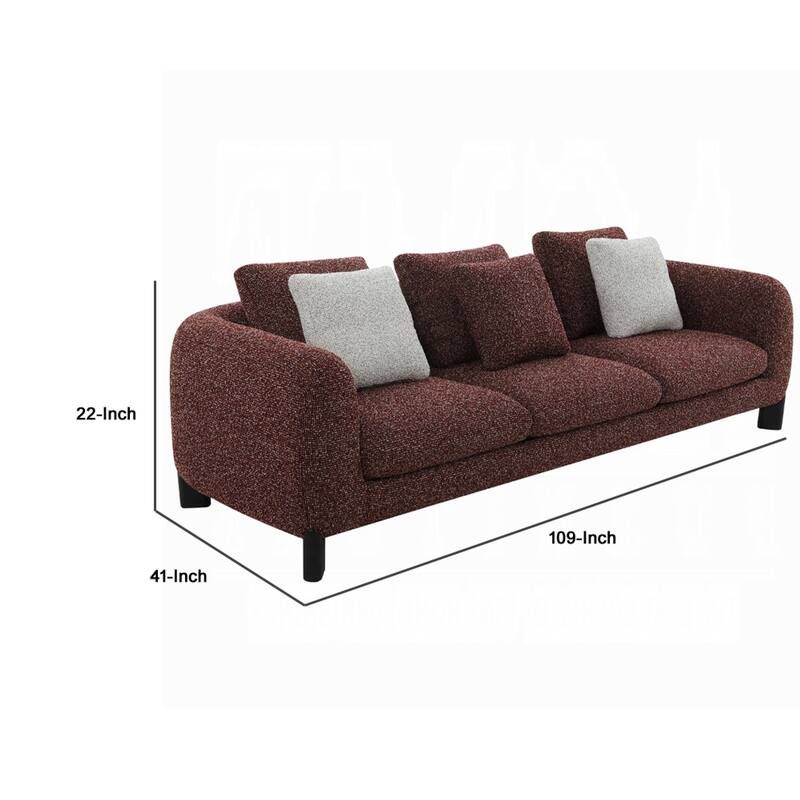 Meru Sofa w 3 Accent Pillows, Maroon Wine Red Tweed Fabric, 109 Inch