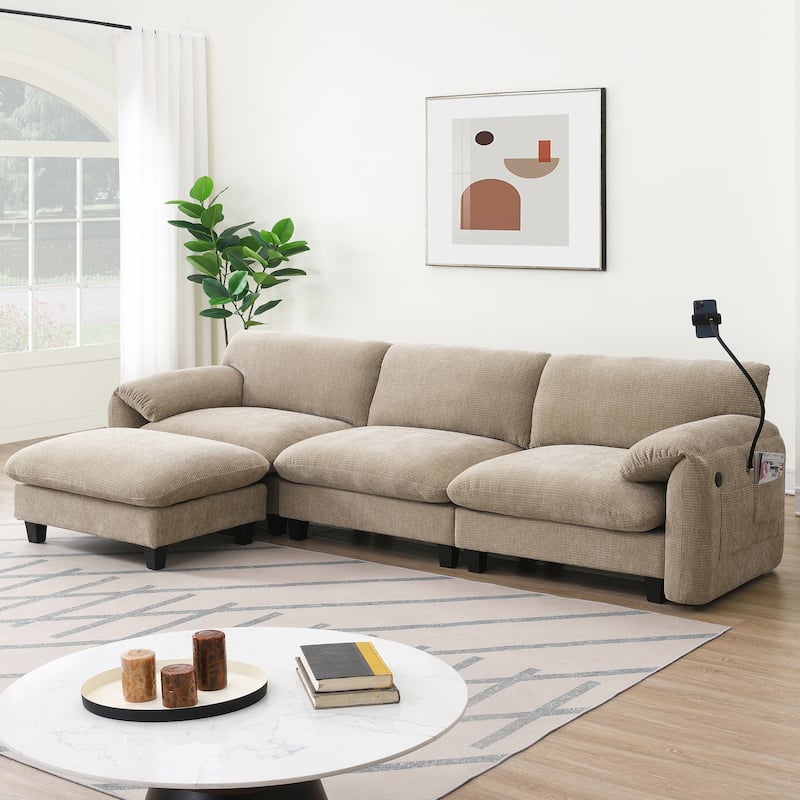 108" L-Shaped Chenille Sectional Sofa with USB & Wide Seats - Light Khaki+Beige