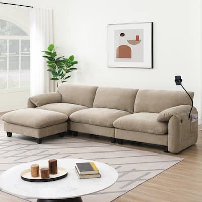 108" Modular U-Shape 4 Seat Sectional Sofa with USB and Type-C Charger, Phone Holder and 2 Side Storage Pockets and Ottoman