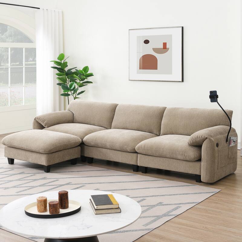 Striped Chenille Modular Sectional Sofa Set with Movable Ottoman, Phone Holder, Dual-Port Charging, 2 Side Storage Pockets - Light Khaki Beige 4 Seat