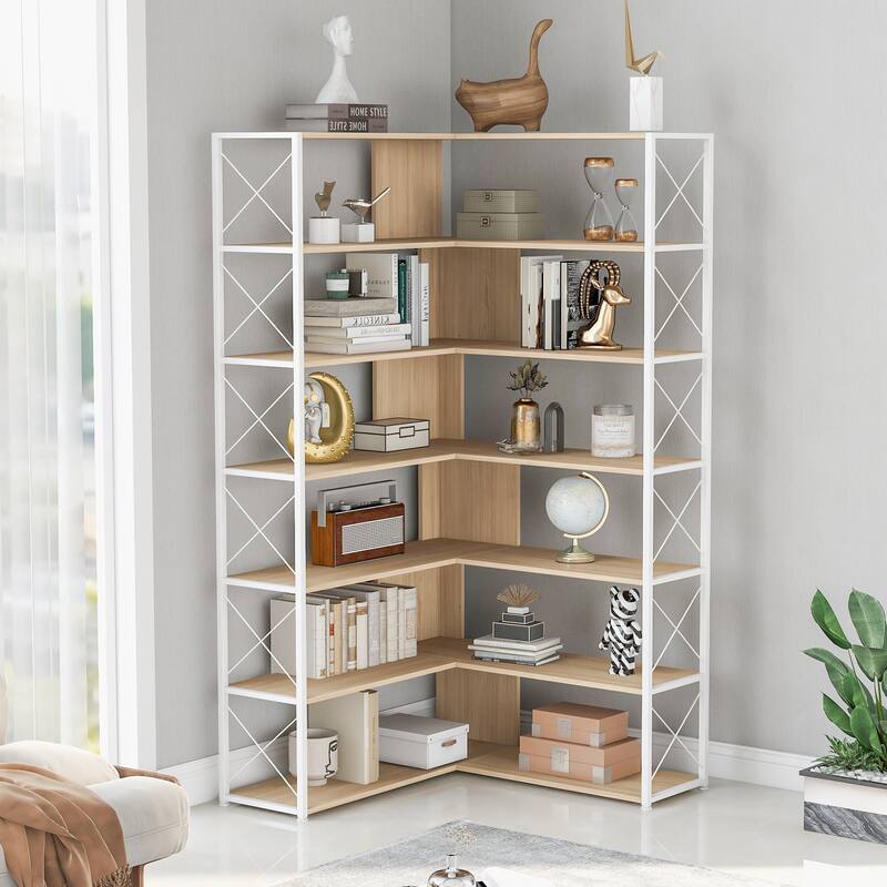 7-Tier L-Shaped Corner Bookshelf with Metal Frame and Open Storage