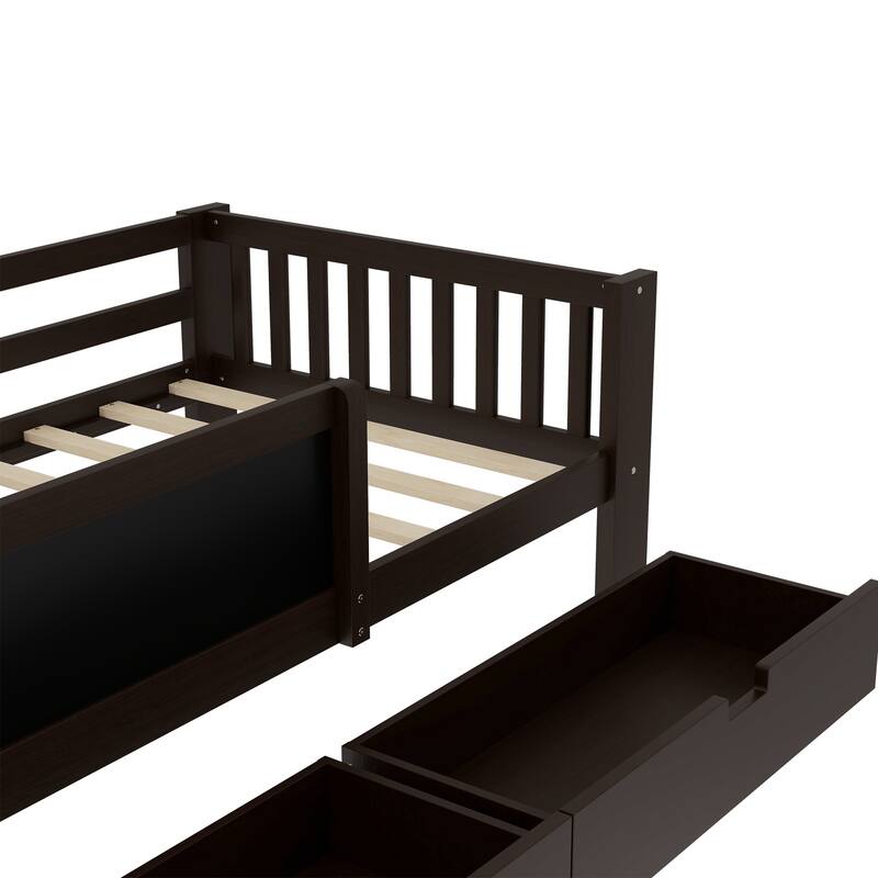 Childlike Fun Solid Wood Low-profile Platform Bed Storage Bed Frame with Side Chalkboard, Open Shelves, Drawers and Guardrails