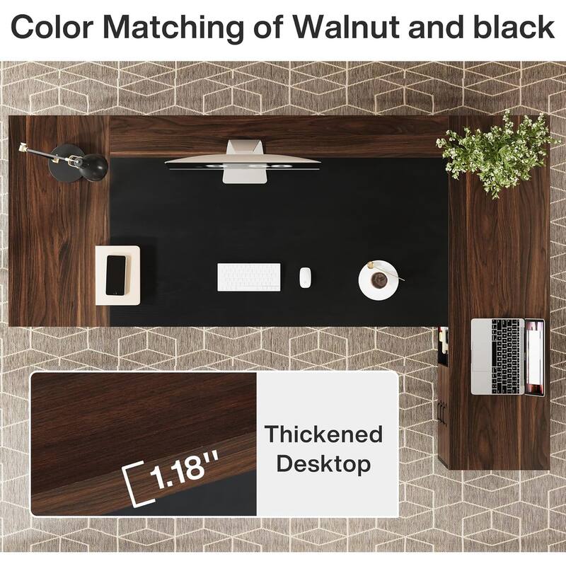 78.7" L-Shaped Executive Desk with File Cabinet Dark Walnut + Black