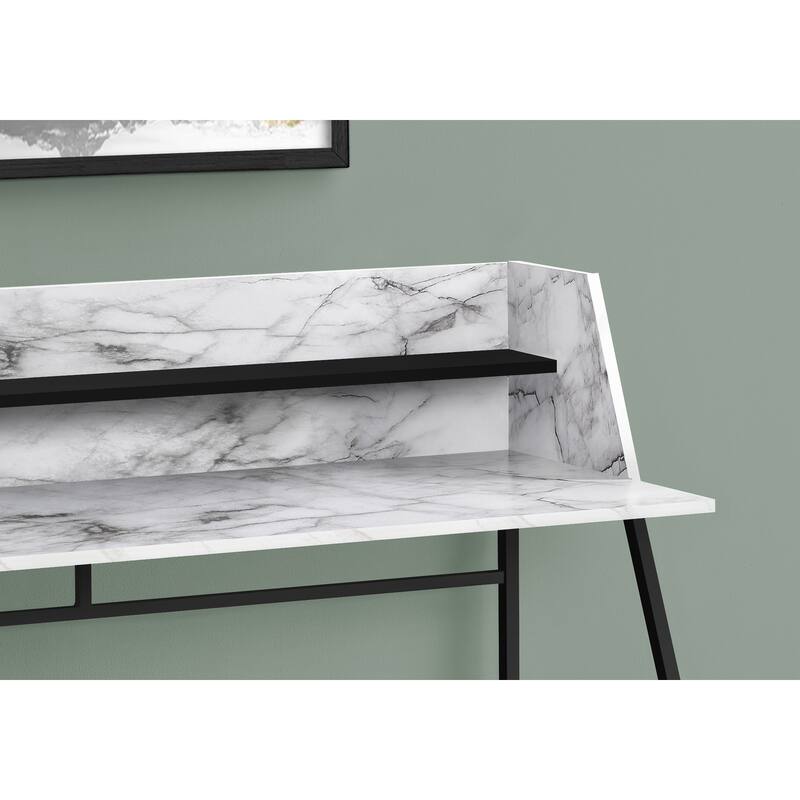 Computer Desk, Home Office, Laptop, Storage Shelves, 48"l, Work, White Marble Look Laminate, Black Metal, Contemporary, Modern - White