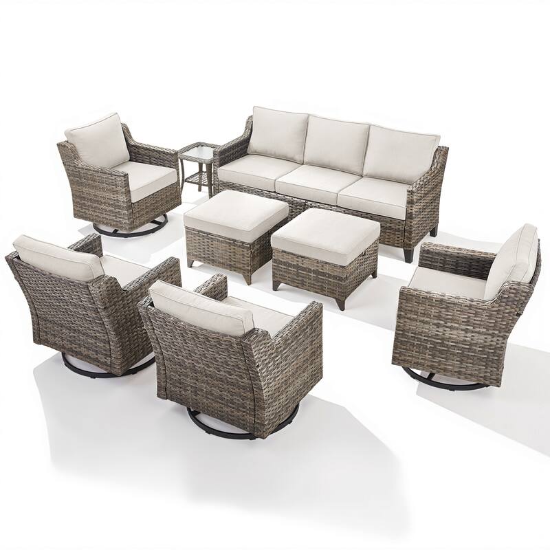 Pocassy Patio Sofa Glider Swivel Chair Ottoman Table Furniture Set.