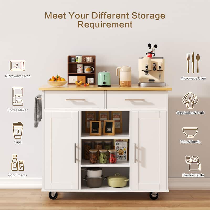 Rolling Kitchen Island with Storage Cabinet & Drawers - Rubber Wood Top for Dining & Kitchen Storage