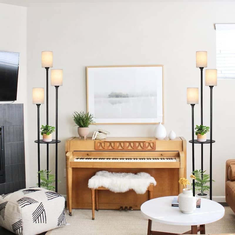 Floor Lamp with Shelves, 3-Lights Standing Lamp with Linen Shade and Foot Switch - 10.2"(L)x10.2"(W)x66.1"(H)