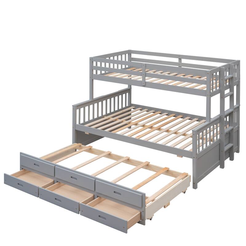 HomeRoots Gray Twin Over Full Solid Wood Bunk Bed With Drawers And Trundle And Storage