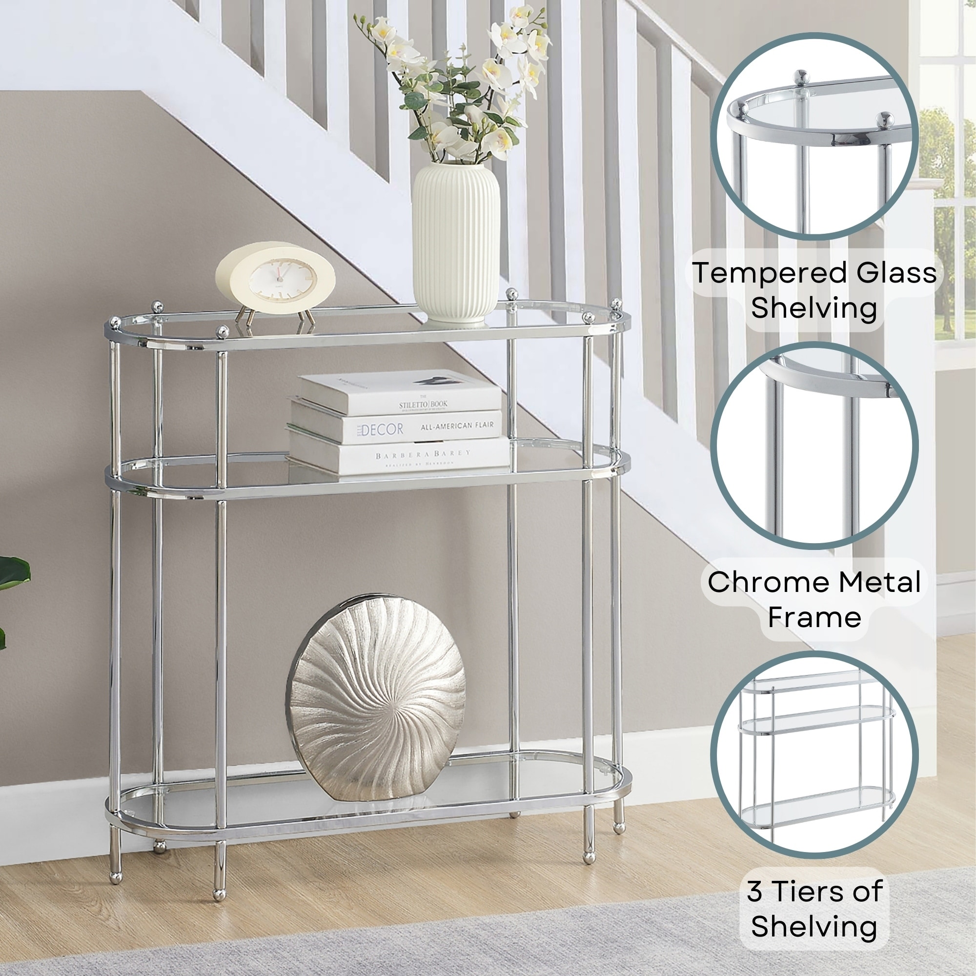Convenience Concepts Royal Crest 3 Tier Glass Oval Entryway Hall Table