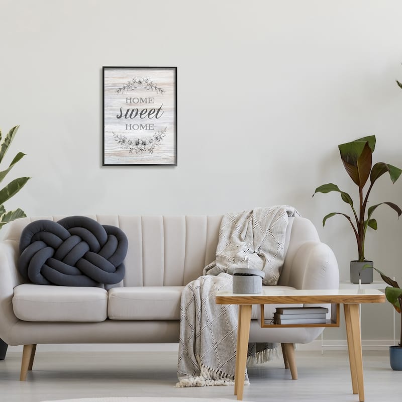 Stupell Home Sweet Home Floral Stencil Ornament Rustic Sign Framed Wall Art,Design by Bluebird Barn - Grey