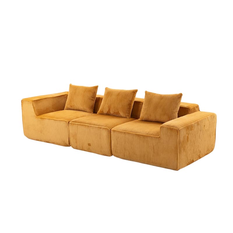 HomeRoots 111" Gold Corduroy Modular Ribbed Compression Foam Sofa With Toss Pillows