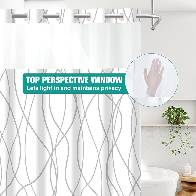 No Hook Striped Shower Curtain with Snap in Fabric Liner SetHotel