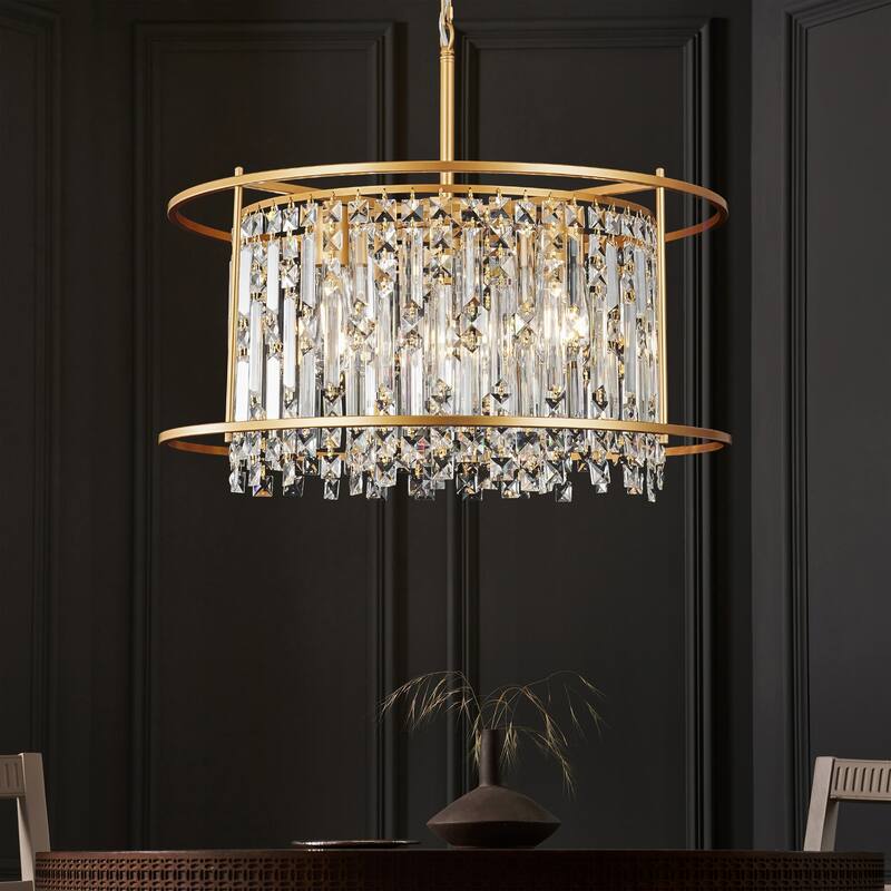 5-Light Glam Gold Chandelier with Drum Metal Frame and Crystal Accents - 23.2 in. W x 20.5 in. H