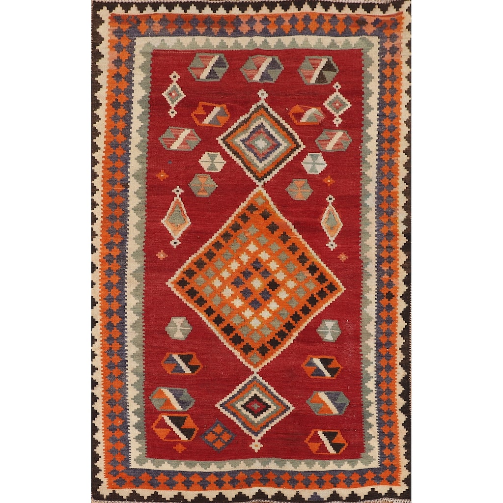 Kilim Qashqai Persian Vintage Rug Flatweave Red Wool Carpet - 4'8"x 7'1"