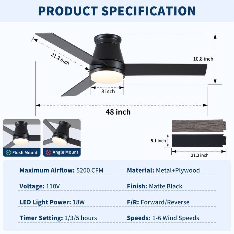 48" Black Lowe Profile Ceiling Fan with Light - Black,Brown