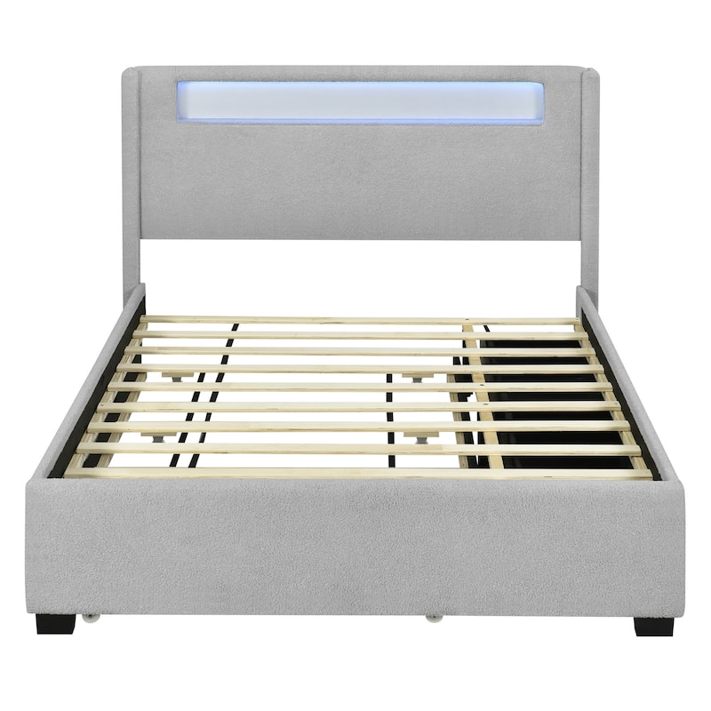 HomeRoots Light Gray Tufted Boucle Lighted Queen Bed Frame With Trundle And USB And Drawers