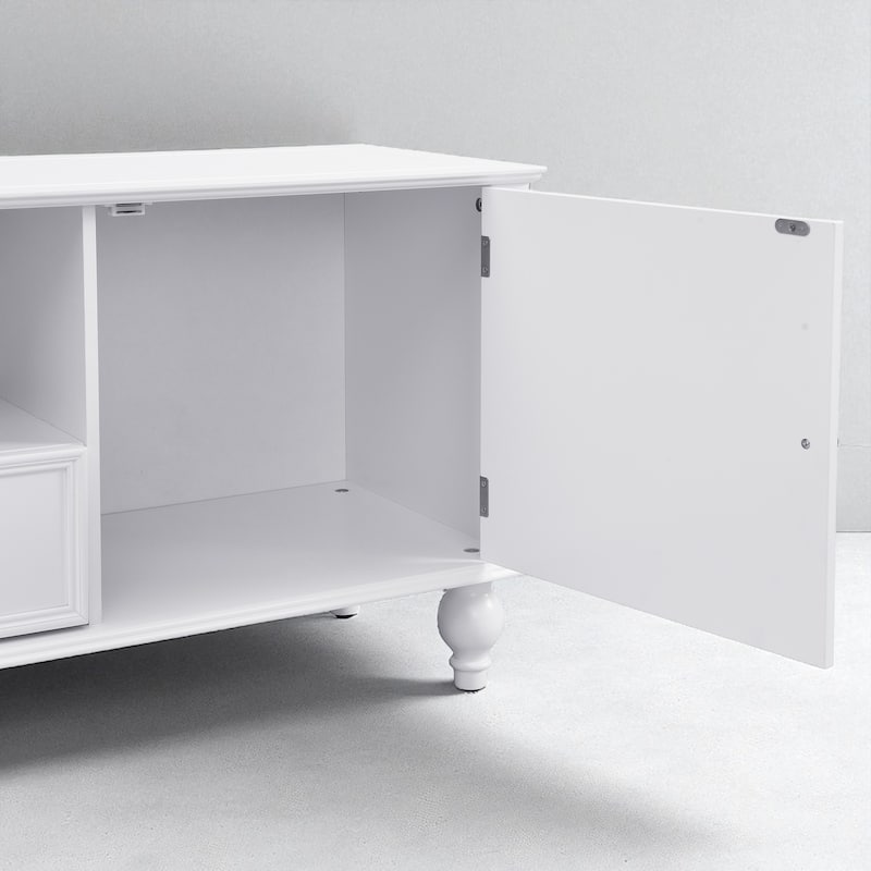 70.9" Modern TV Stand for TVs up to 80", Entertainment Center with 2 Cabinets, 2 Drawers, Open Shelf, Solid Wood Legs