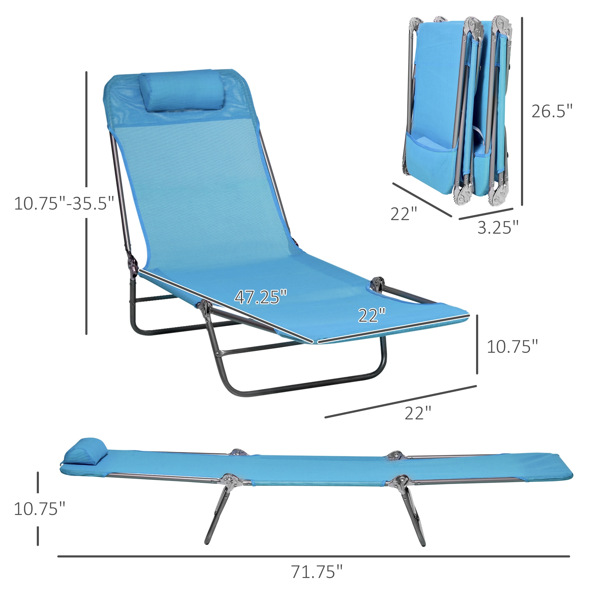 Outsunny Folding Chaise Lounge Pool Chairs, Set of 2 Outdoor Sun Tanning Chairs with Pillow, Six-Position Reclining Back