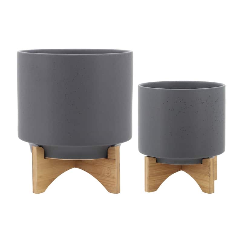 8 & 10 inch Ceramic Planter with Wooden Stand,Set of 2