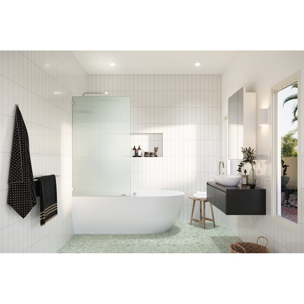 Gaia 30 in. x 58.25 in. Single Fixed Frameless Fluted Frosted Bath Panel Shower Tub Door