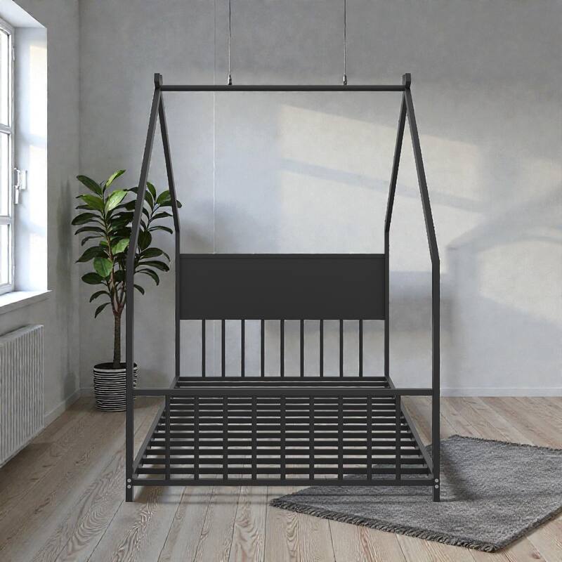 Twin Size Metal House Bed with Roof and LED Lights, Kids Bed Frame with Slats, No Box Spring Needed