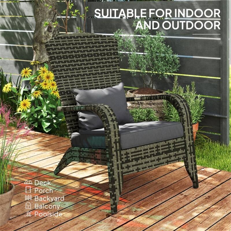 Grey Wicker Rattan Adirondack Chair with Cushion, Armrest and Curved Back - 25.2" W x 31.5" D x 35.5" H