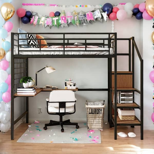 slide 2 of 26, Modern Full Size Loft Bed With Desk and Metal Grid,Lateral Storage Ladder and Wardrobe for Bedroom