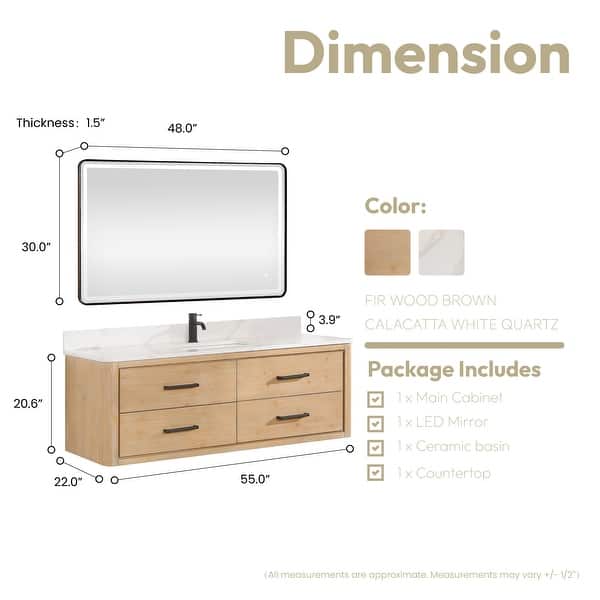 dimension image slide 6 of 10, Cristo Floating Bath Vanity with White Quartz Stone Top and Mirror