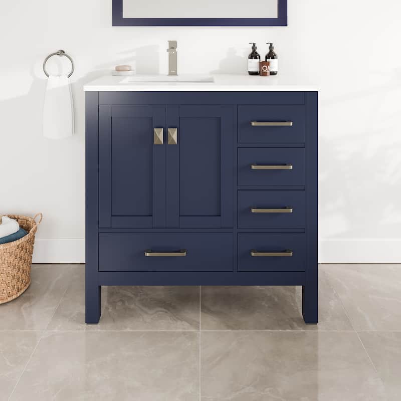 Eviva London 36"W SS Bath Vanity with White Carrara Quartz Top - Blue