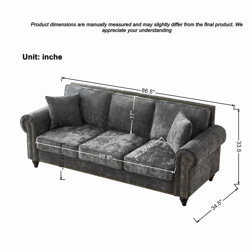 Living Room Deep Seat Rolled Arms Sofa Chenille Upholstered 3 Seater Couch with Wood Legs, Nailhead Trim and Pillows