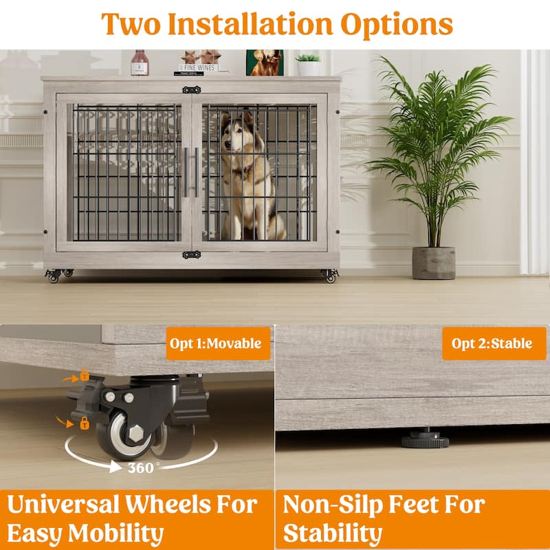 Dog Crate Indoor Heavy Duty Double Doors Wooden Dog Cage with Cushion