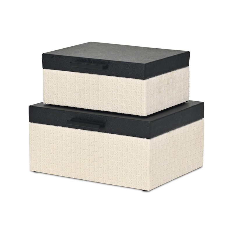 Set Of Two Black And Cream Faux Shagreen And Faux Wicker Jewelry Boxes