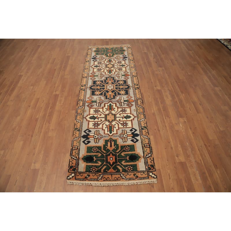 Hand Knotted Oriental 100% Wool Carpet Traditional Geometric Beige & Ivories Kazak Runner Rug - 7' 11'' X 2' 7''