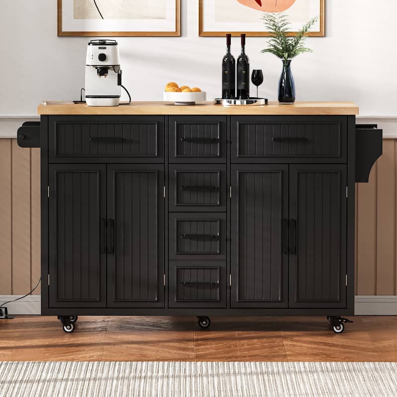 56.5" Kitchen Island with Drop Leaf and Charging Station, Rolling Kitchen Cart on Wheels with Drawers and Adjustable Shelves - Black
