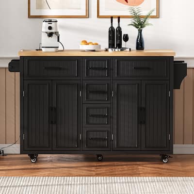 56.5" Kitchen Island with Drop Leaf and Charging Station, Rolling Kitchen Cart on Wheels with Drawers and Adjustable Shelves